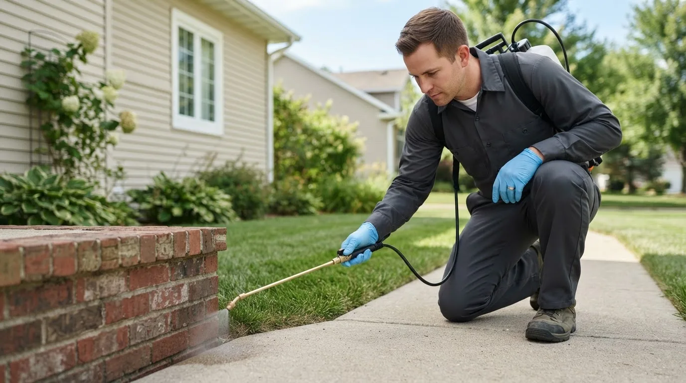 Pest control technician treating a home near Gray, IA